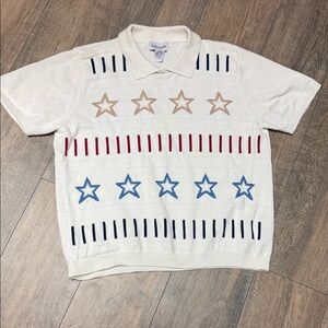 Alfred Dunner Cream White Short-Sleeve Knit Rami Cotton Red, Blue & Tan Stars